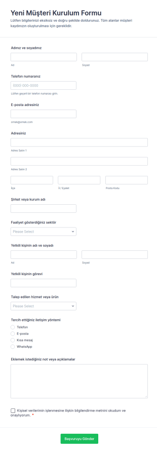 Yeni Müşteri Kurulum Form Şablonu