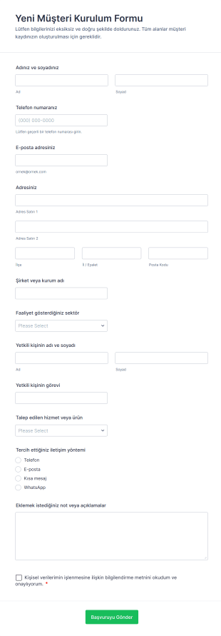 Yeni Müşteri Kurulum Form Şablonu