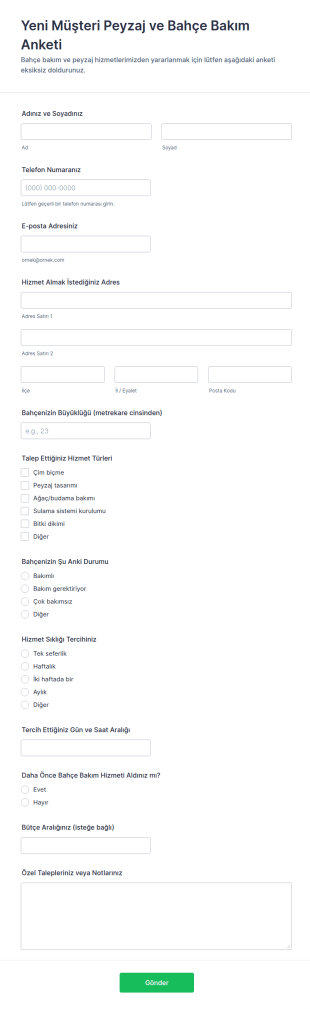 Yeni Müşteri Peyzaj Ve Bahçe Bakım Anketi Form Şablonu