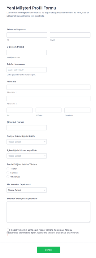 Yeni Müşteri Profil Form Şablonu