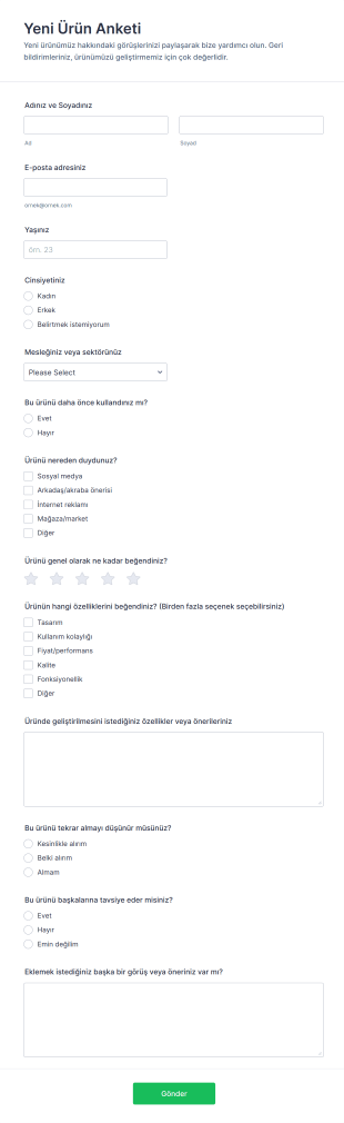 Yeni Ürün Anketi Form Şablonu