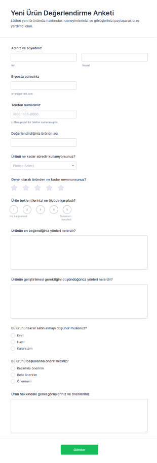 Yeni Ürün Değerlendirme Anketi 🎯📝 Form Şablonu