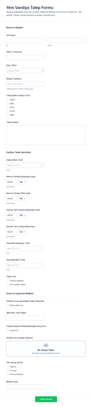Yeni Vardiya Talep Form Şablonu