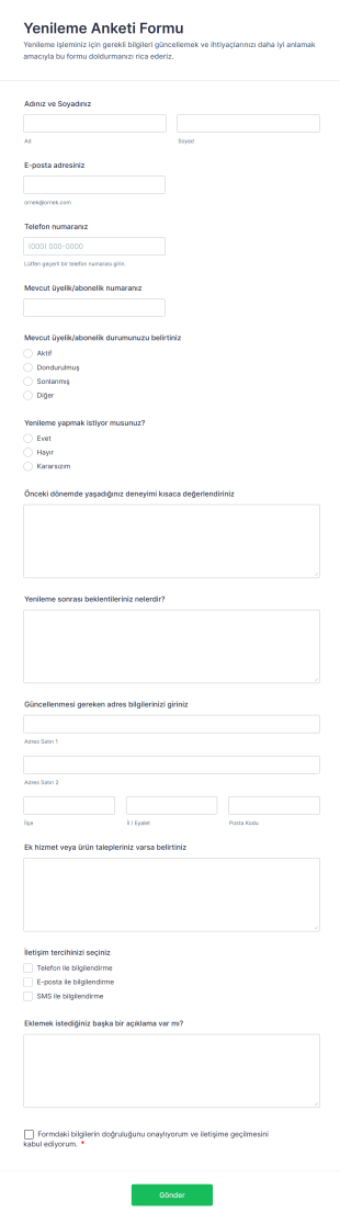 Yenileme Anketi Form Şablonu