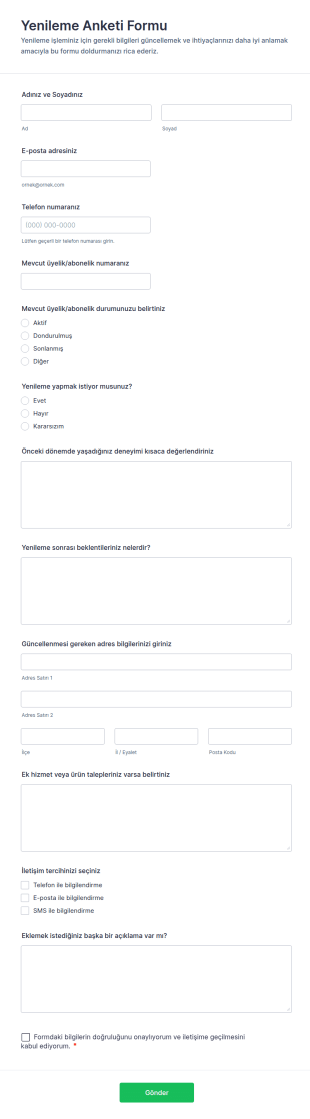Yenileme Anketi Form Şablonu