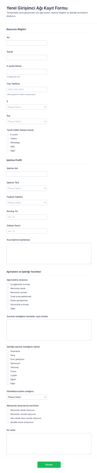 Yerel Girişimci Ağı Kayıt Form Şablonu