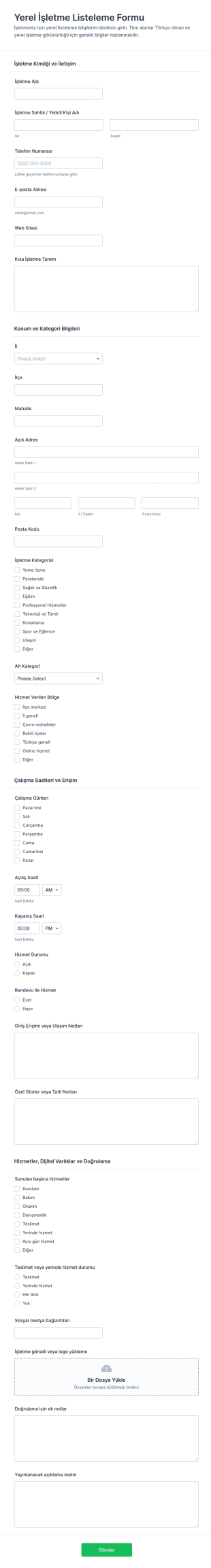 Yerel İşletme Kayıt Form Şablonu