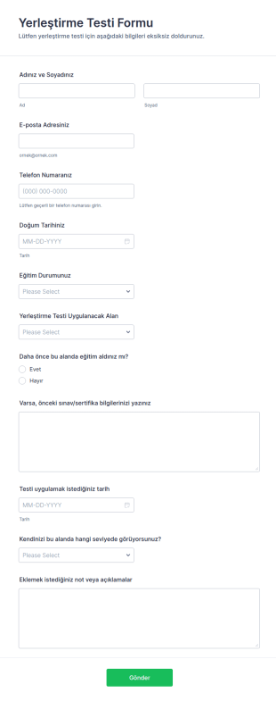 Yerleştirme Testi Form Şablonu
