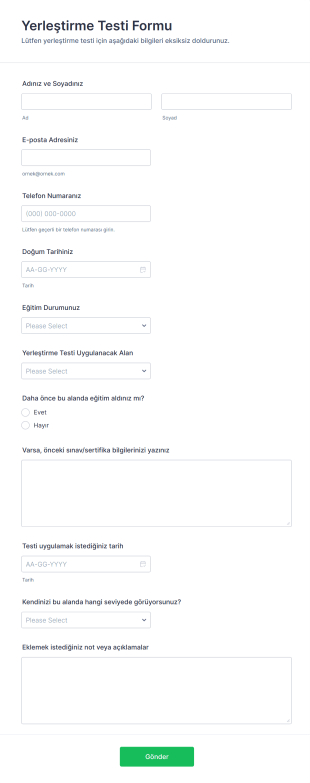 Yerleştirme Testi Form Şablonu