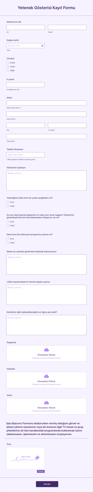 Yetenek Gösterisi Kayıt Form Şablonu