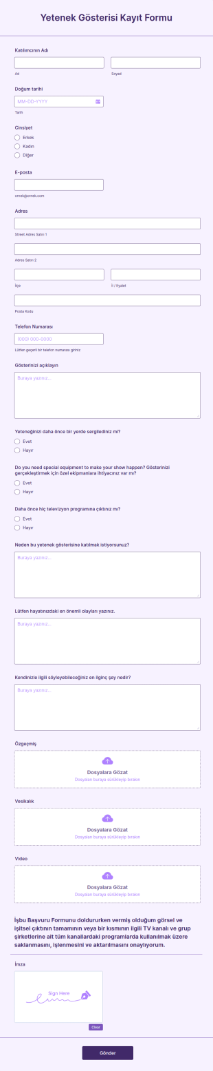 Yetenek Gösterisi Kayıt Form Şablonu