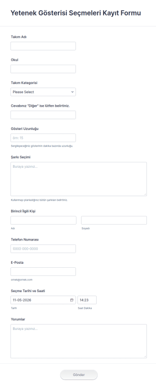 Yetenek Gösterisi Seçmeleri Online Kayıt Form Şablonu