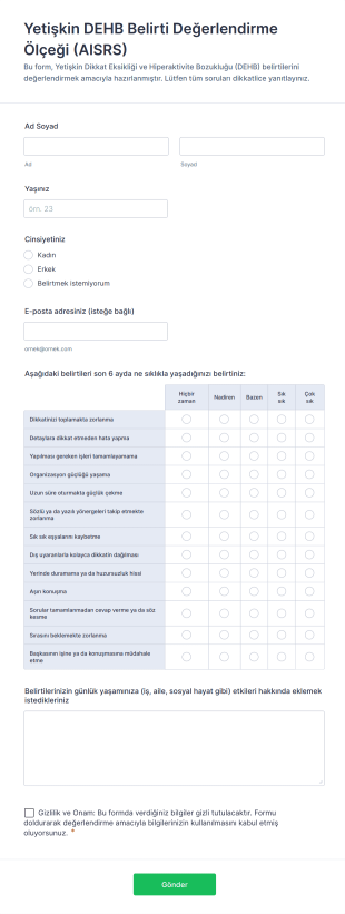 Yetişkin DEHB Belirti Değerlendirme Ölçeği (AISRS) Form Template
