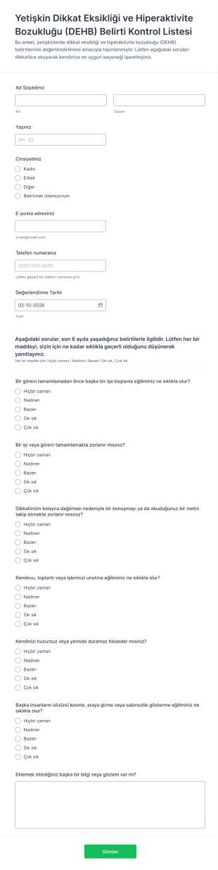 Yetişkin Dikkat Eksikliği Ve Hiperaktivite Bozukluğu (DEHB) Belirti Kontrol Listesi Form Şablonu