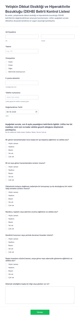 Yetişkin Dikkat Eksikliği Ve Hiperaktivite Bozukluğu (DEHB) Belirti Kontrol Listesi Form Şablonu