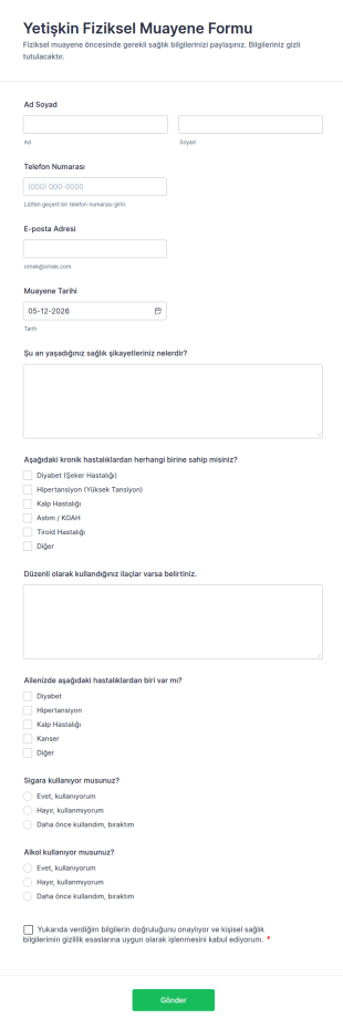 Yetişkin Fiziksel Muayene Form Şablonu