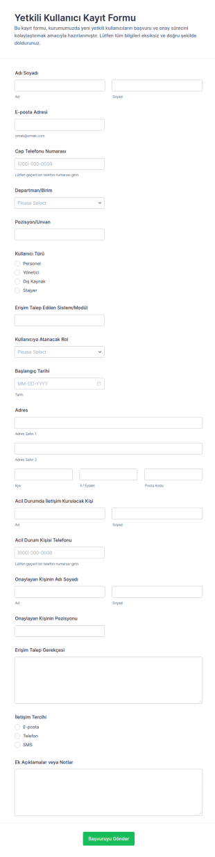 Yetkili Kullanıcı Kayıt Form Şablonu