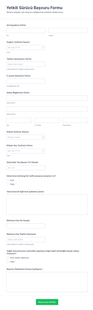 Yetkili Sürücü Başvuru Form Şablonu