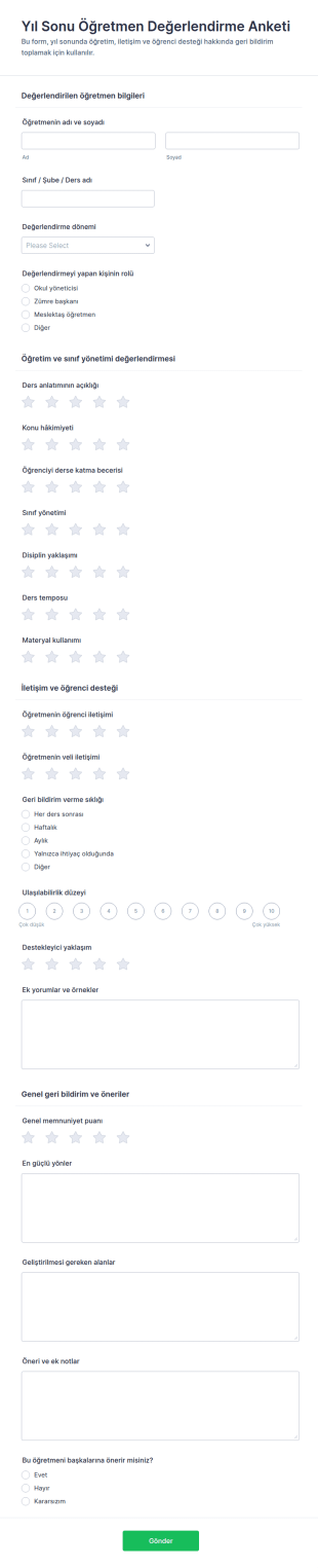 Yıl Sonu Öğretmen Değerlendirme Anketi Form Şablonu