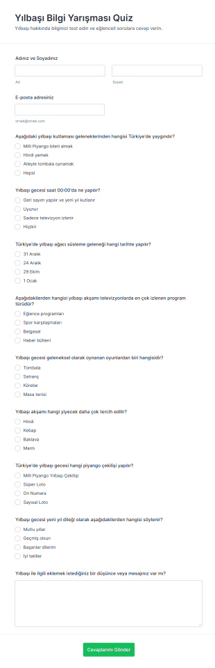 Yılbaşı Bilgi Yarışması Quiz Form Şablonu