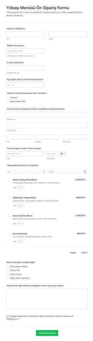 Yılbaşı Menüsü Ön Sipariş Form Şablonu