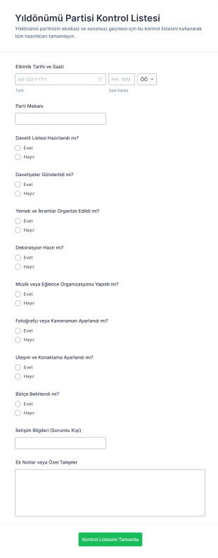 Yıldönümü Partisi Kontrol Listesi Form Şablonu
