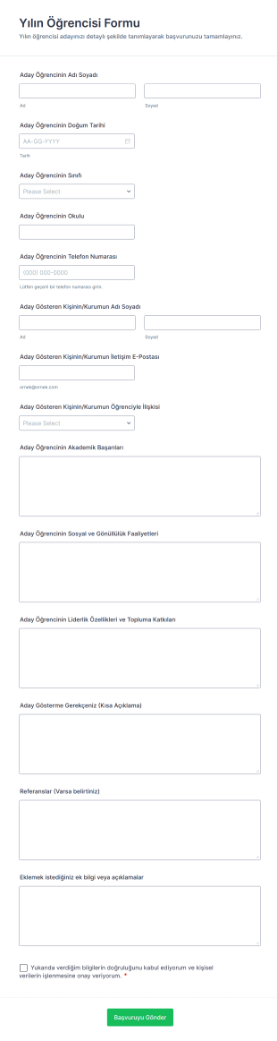 Yılın Öğrencisi Form Şablonu