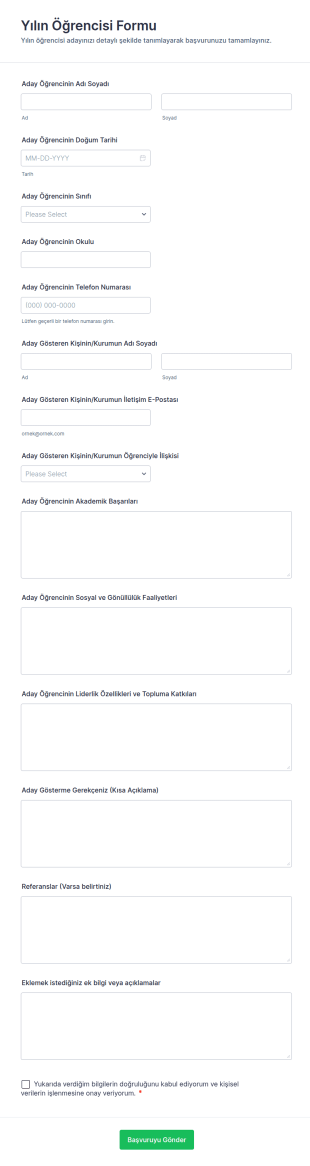 Yılın Öğrencisi Form Şablonu