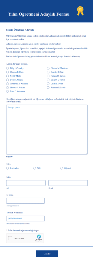 Yılın Öğretmeni Adaylık Form Şablonu