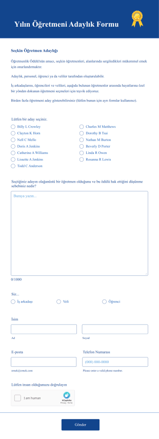 Yılın Öğretmeni Adaylık Form Template
