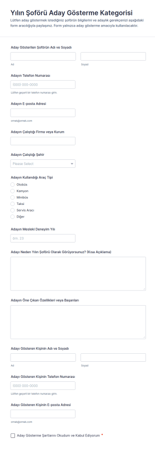 Yılın Sürücüsü Adaylığı Anketi 🎉🚗 Form Şablonu