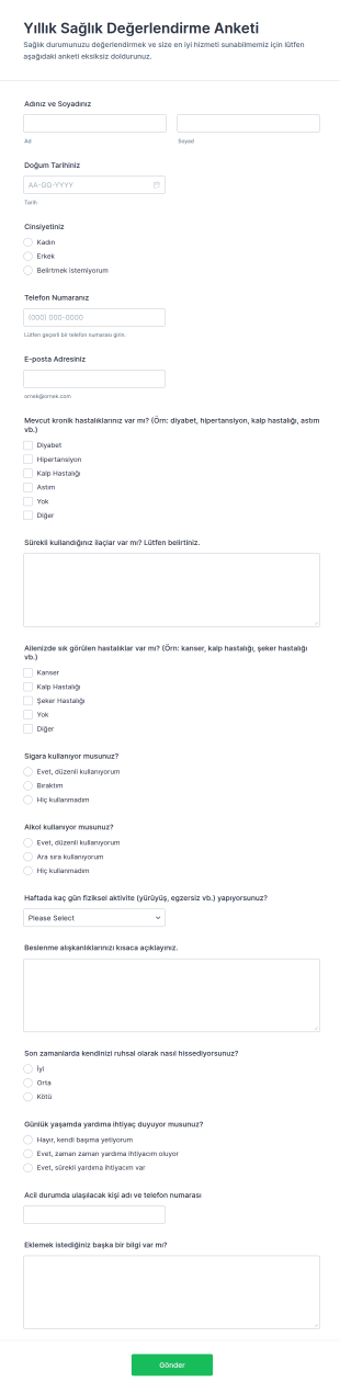 Yıllık Sağlık Değerlendirme Anketi Form Şablonu