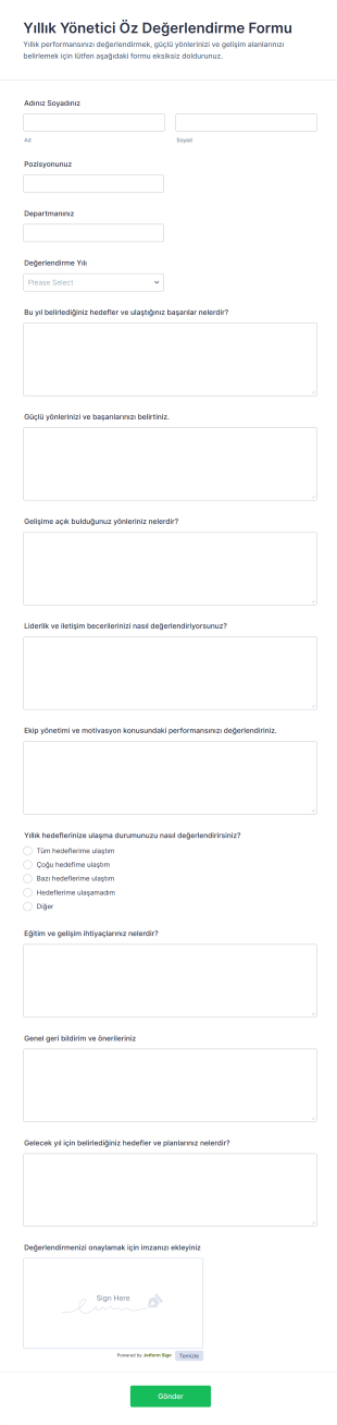 Yönetici Yıllık Öz Değerlendirme Form Şablonu