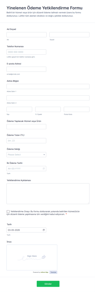 Yinelenen Ödeme Yetkilendirme Form Şablonu