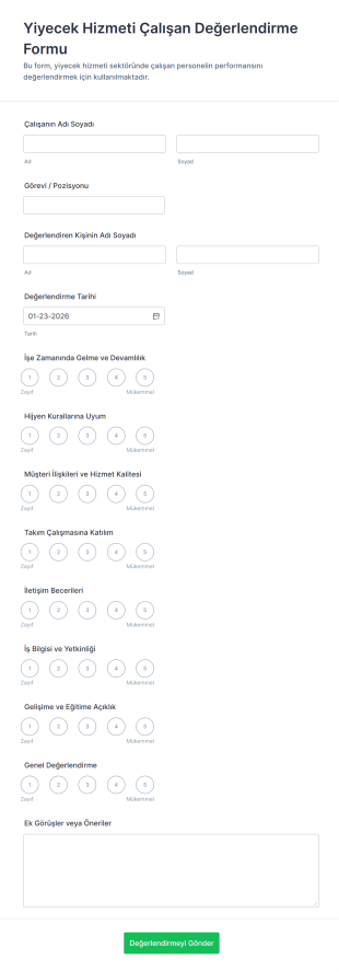 Yiyecek Hizmeti Çalışan Değerlendirme Formu Form Template