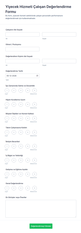 Yiyecek Hizmeti Çalışan Değerlendirme Form Şablonu