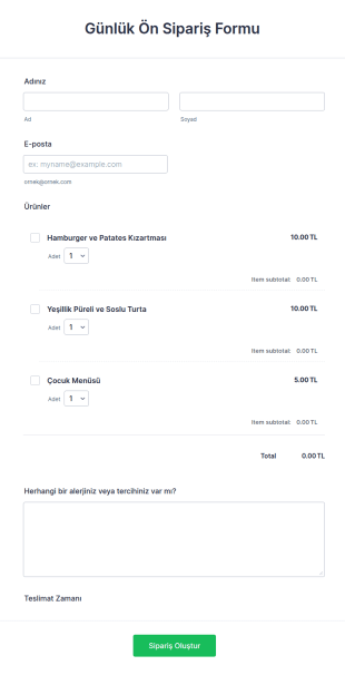 Yiyecek Ön Sipariş Form Şablonu