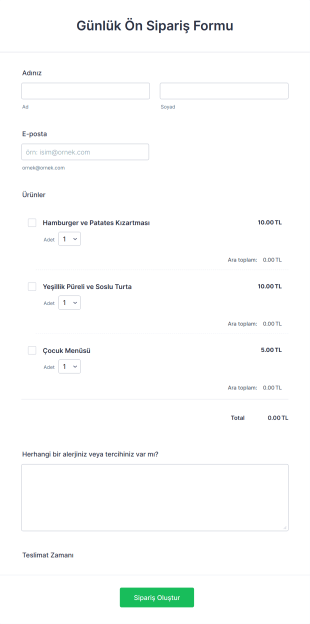 Yiyecek Ön Sipariş Form Template