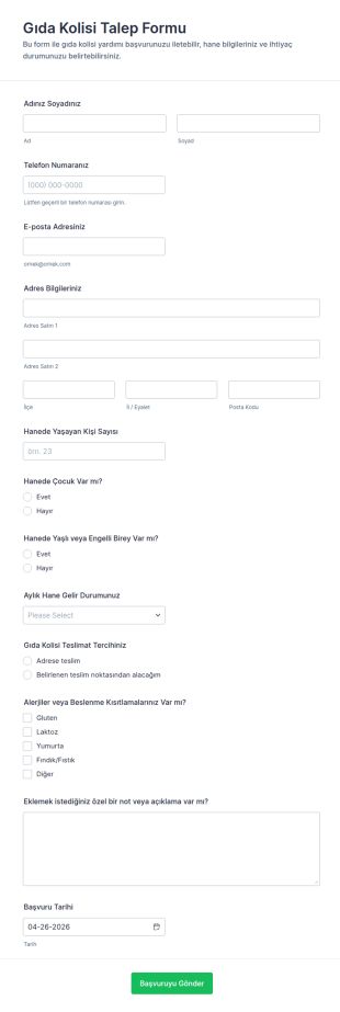 Yiyecek Paket Talep Form Şablonu