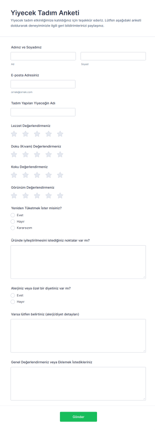 Yiyecek Tadım Anketi Form Şablonu