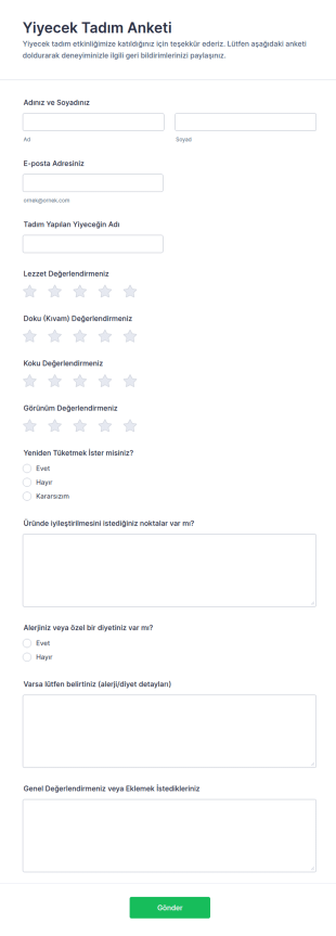 Yiyecek Tadım Anketi Form Şablonu