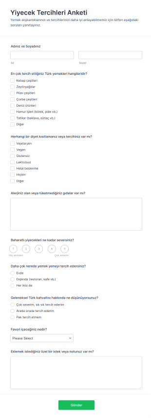 Yiyecek Tercihleri Anketi Form Şablonu