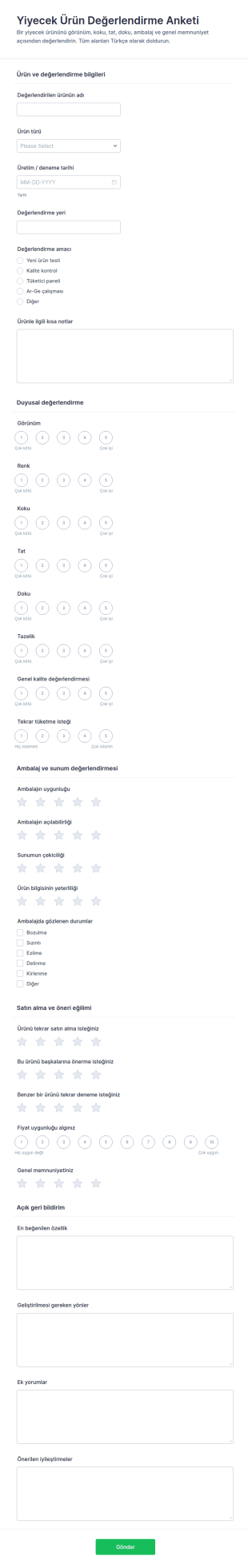 Yiyecek Ürün Değerlendirme Anketi Form Şablonu