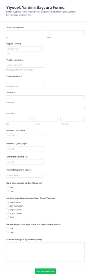 Yiyecek Yardımı Başvuru Form Şablonu