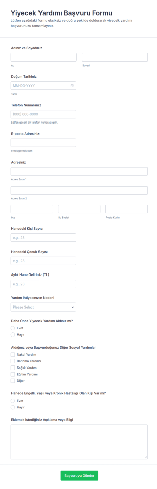 Yiyecek Yardımı Başvuru Form Şablonu