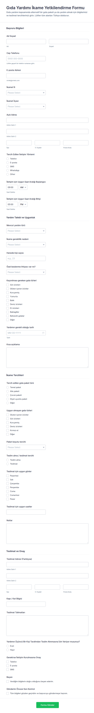 Yiyecek Yardımı Yeniden Onaylama Form Şablonu