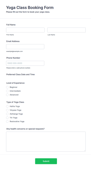Yoga Class Booking Form Template