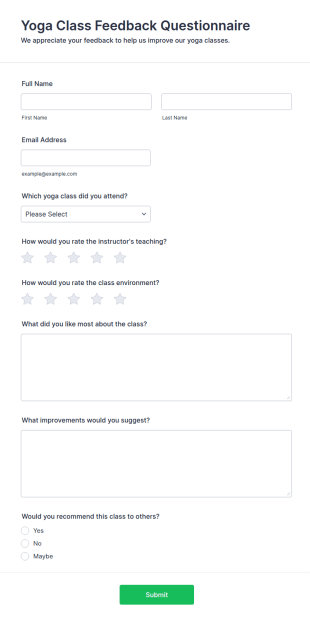 Yoga Class Feedback Questionnaire Form Template