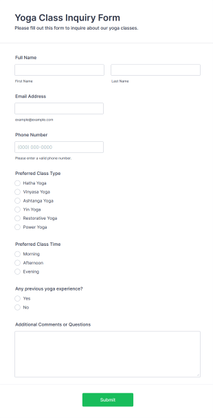 Yoga Class Inquiry Form Form Template