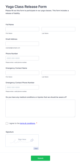 Yoga Class Release Form Template